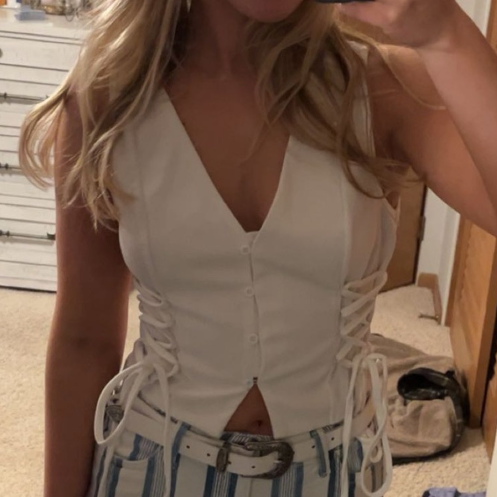 White Side Lace-Up/ Button- Up Vest